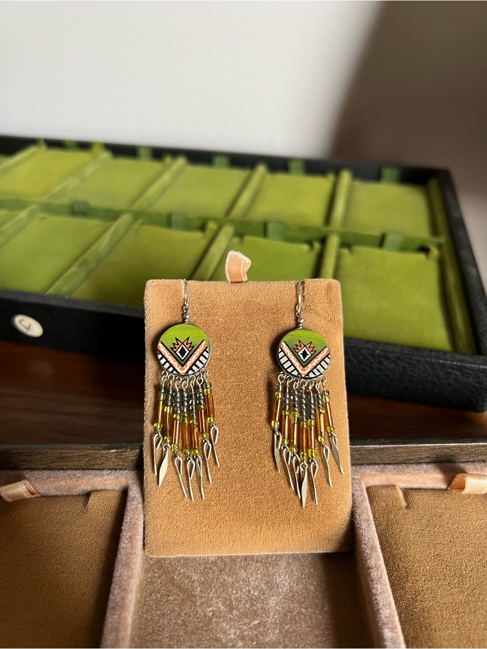 Handcrafted Green Boho Beaded Fringe Earrings